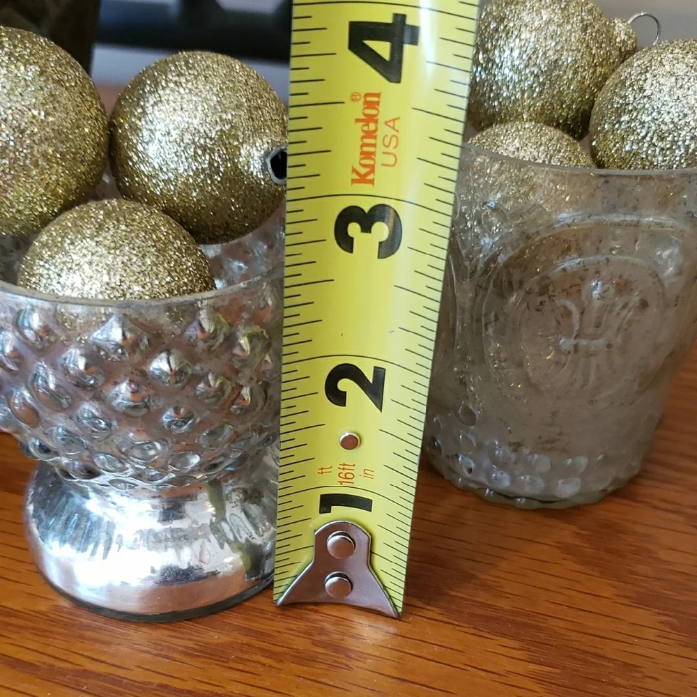 Painted Gold Decorative Tealight/Votive Holder Set (3) w/ Glitter Ball Ornaments